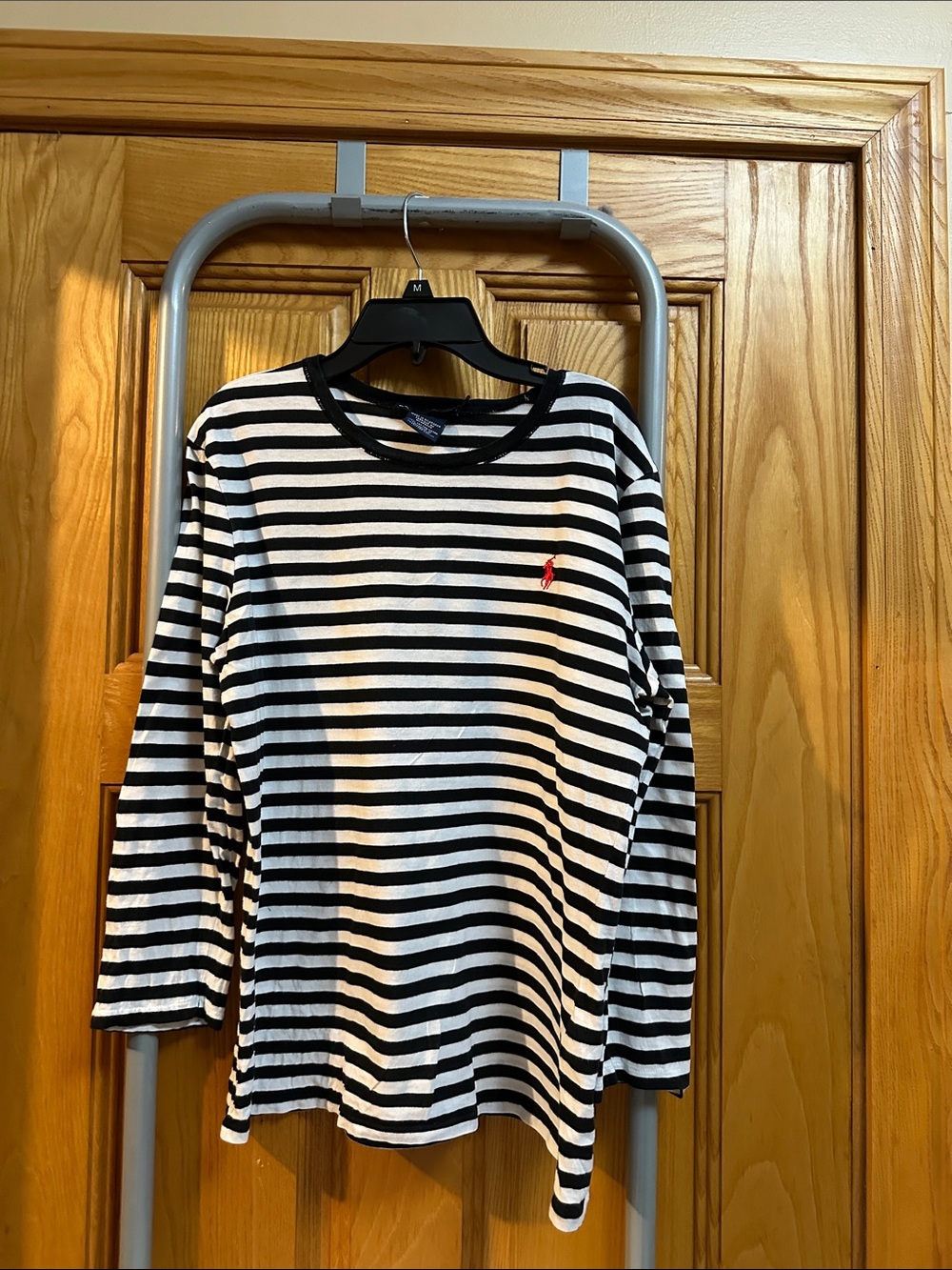 Ralph Lauren Black & White Striped Long Sleeve Tee with Red Pony Logo